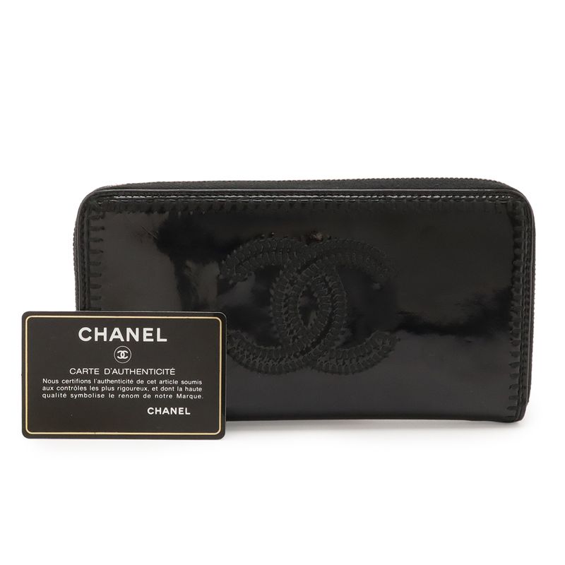 Chanel CC Logo Zip Around Wallet Enamel Patent Leather Black Silver Har