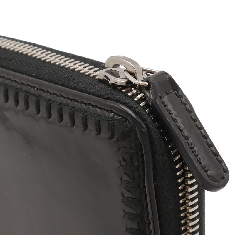Chanel CC Logo Zip Around Wallet Enamel Patent Leather Black Silver Har