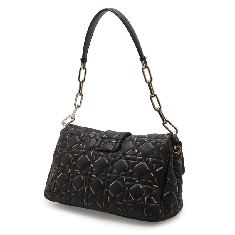 Dior Christian New Rock Cannage Chain Shoulder Bag Leather Black Silver