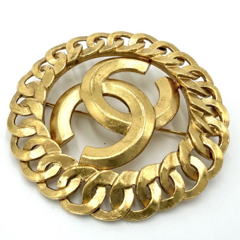 Chanel Brooch CC Logo Vintage Round Gold Plated