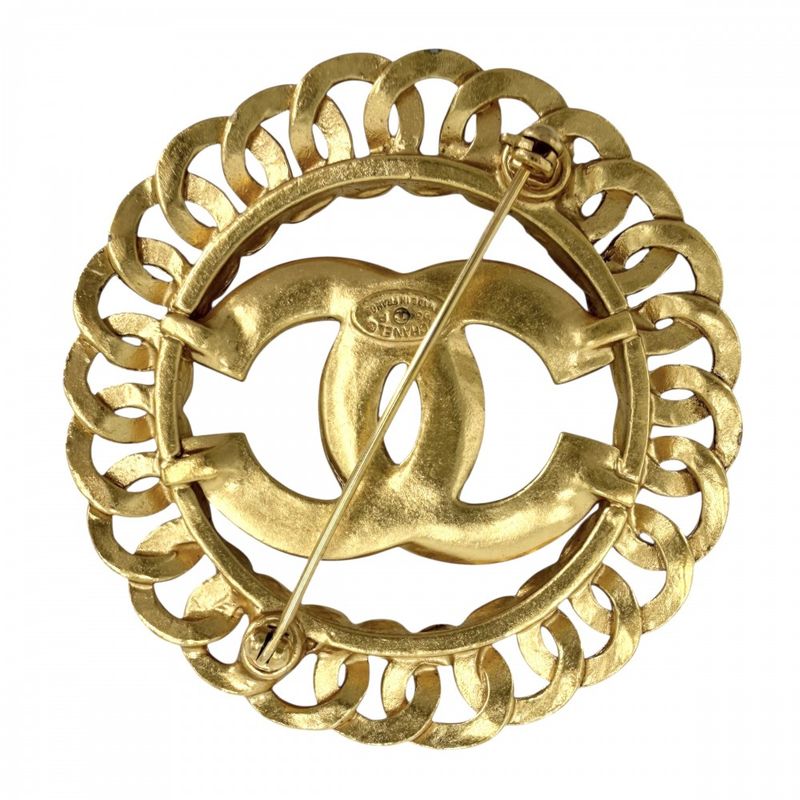 Chanel Brooch CC Logo Vintage Round Gold Plated