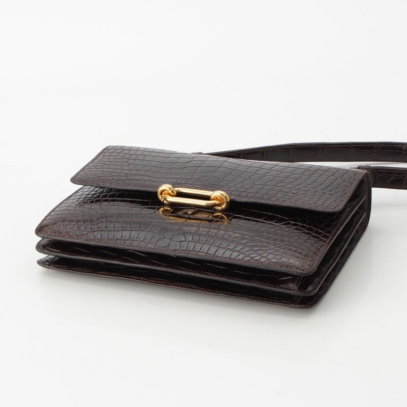 Hermes Fonzbell Croco Gold Shoulder Bag Brown