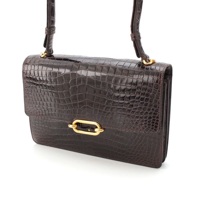 Hermes Fonzbell Croco Gold Shoulder Bag Brown