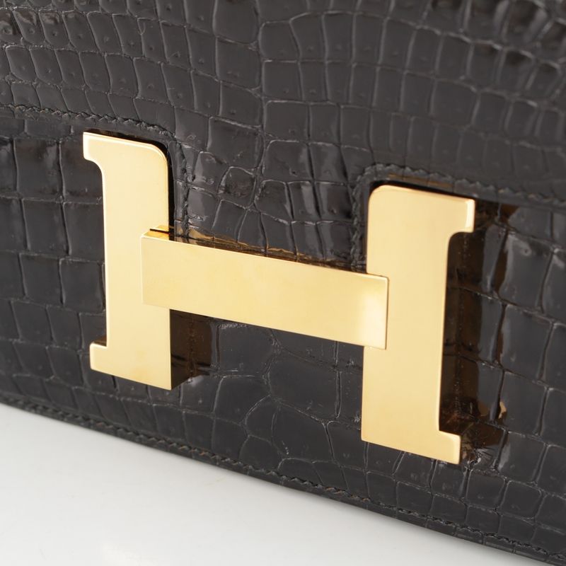 Hermes Constance 23 Porosus Gold Shoulder Bag Black