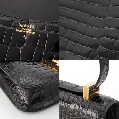 Hermes Constance 23 Porosus Gold Shoulder Bag Black
