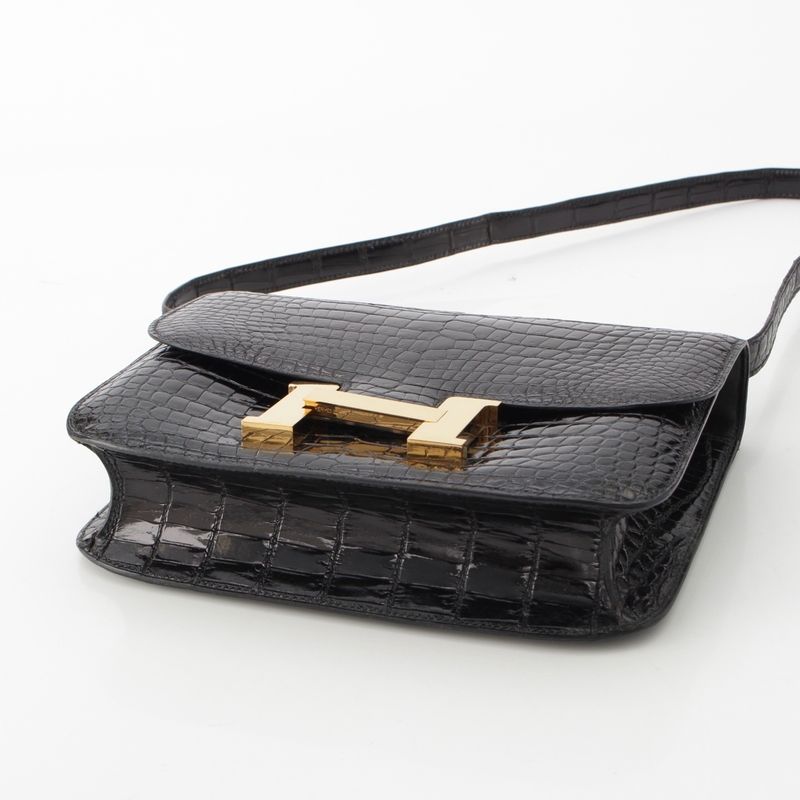 Hermes Constance 23 Porosus Gold Shoulder Bag Black