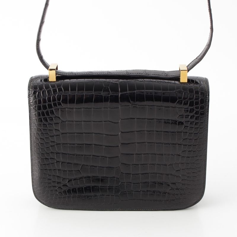Hermes Constance 23 Porosus Gold Shoulder Bag Black