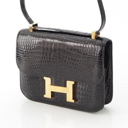 Hermes Constance 23 Porosus Gold Shoulder Bag Black