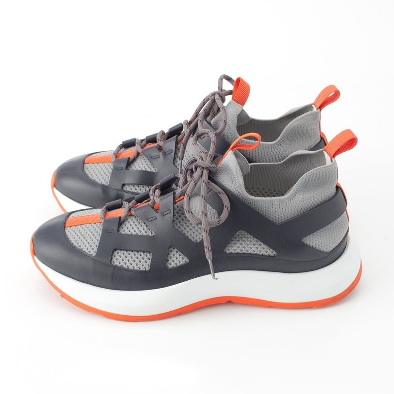 Hermes Katana Leather Mesh Low Cut Sneakers Shoes Gray 40.5