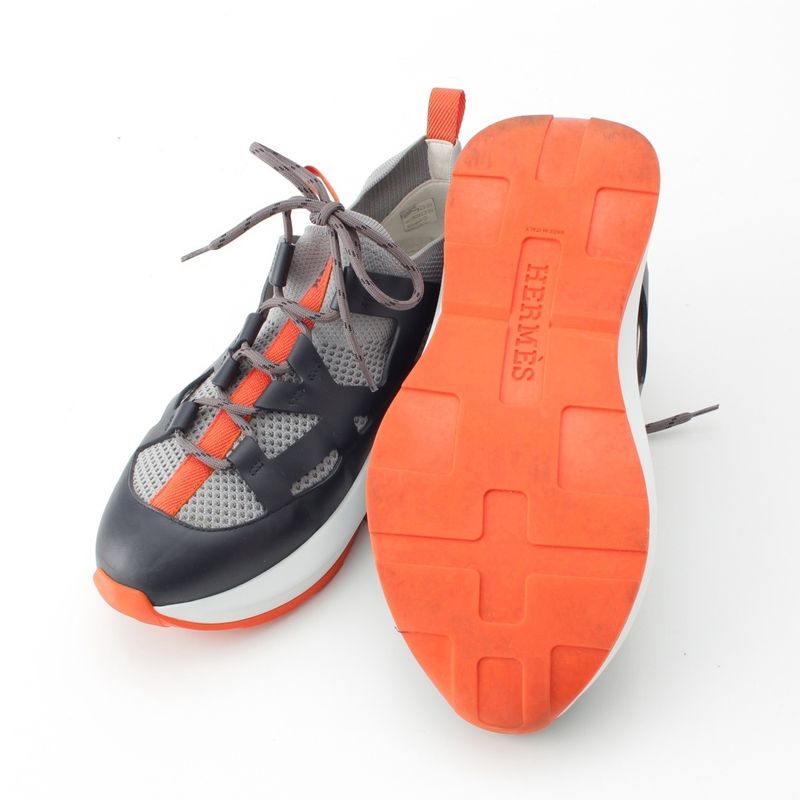 Hermes Katana Leather Mesh Low Cut Sneakers Shoes Gray 40.5