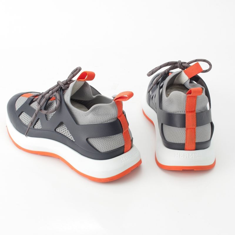 Hermes Katana Leather Mesh Low Cut Sneakers Shoes Gray 40.5