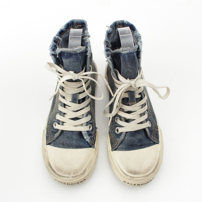 Balenciaga Distressed High Cut Denim Sneakers Shoes Indigo White