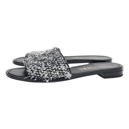 Chanel CC Logo Tweed Mule Sandals Black Silver 38