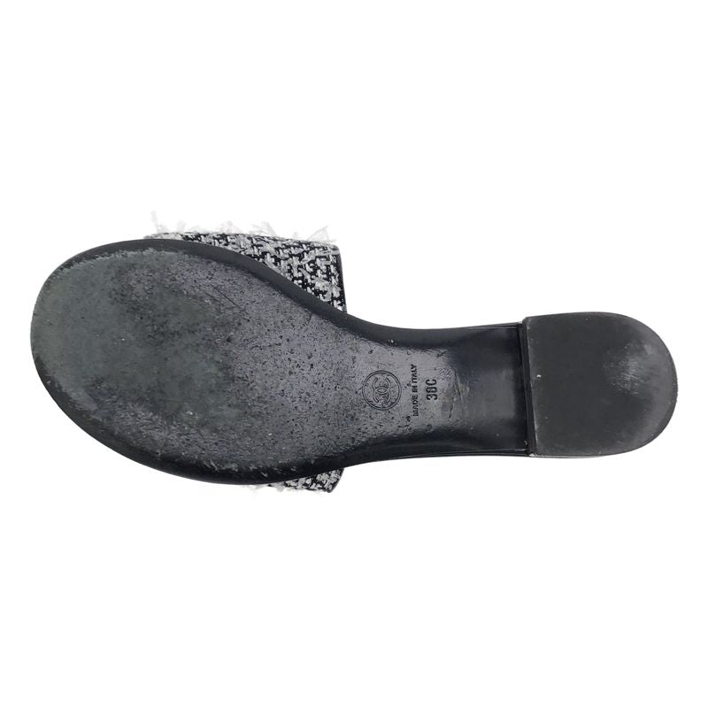 Chanel CC Logo Tweed Mule Sandals Black Silver 38
