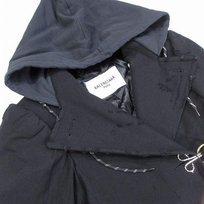 Balenciaga Double Breasted Hooded Coat Long Black M