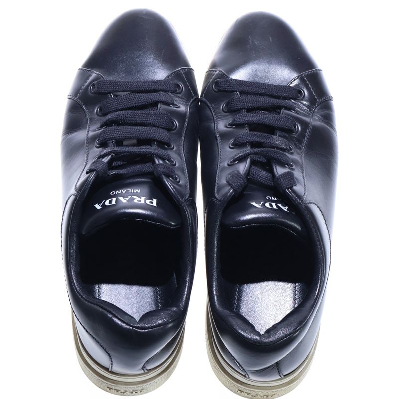 Prada Logo Print Leather Lace Up Sneakers Black