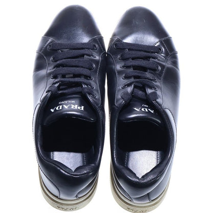 Prada Logo Print Leather Lace Up Sneakers Black