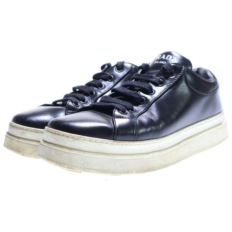 Prada Logo Print Leather Lace Up Sneakers Black