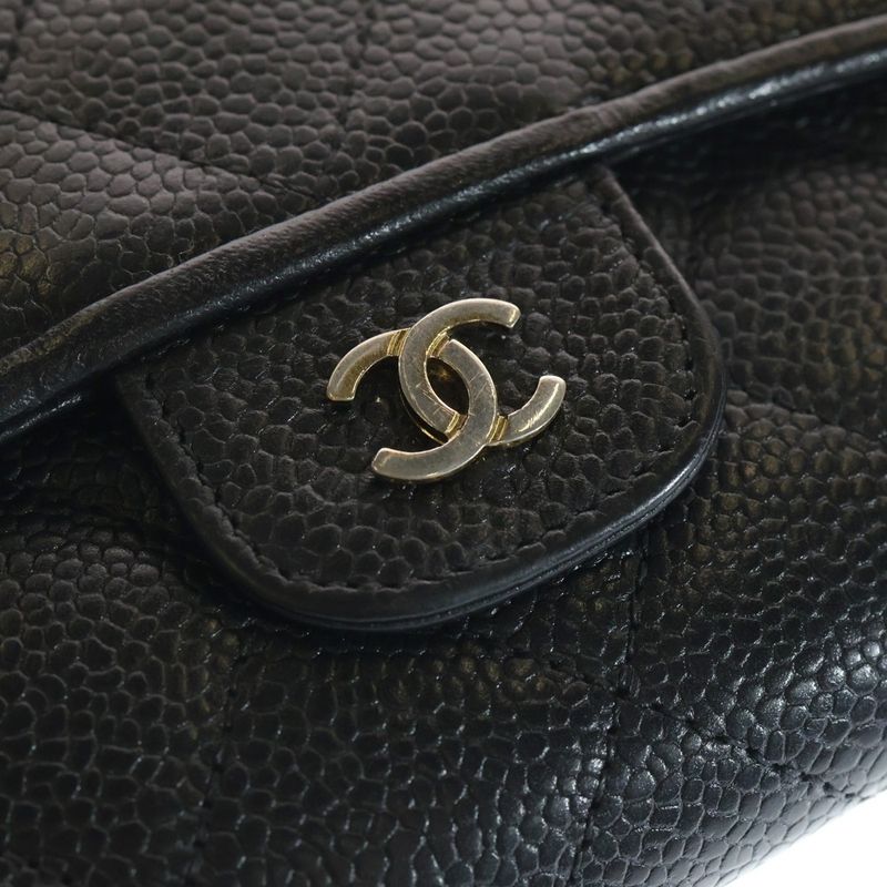 Chanel Quilted Trifold Wallet Long Wallet Caviar Leather Black Gold