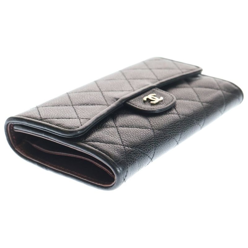 Chanel Quilted Trifold Wallet Long Wallet Caviar Leather Black Gold