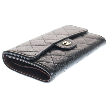 Chanel Quilted Trifold Wallet Long Wallet Caviar Leather Black Gold