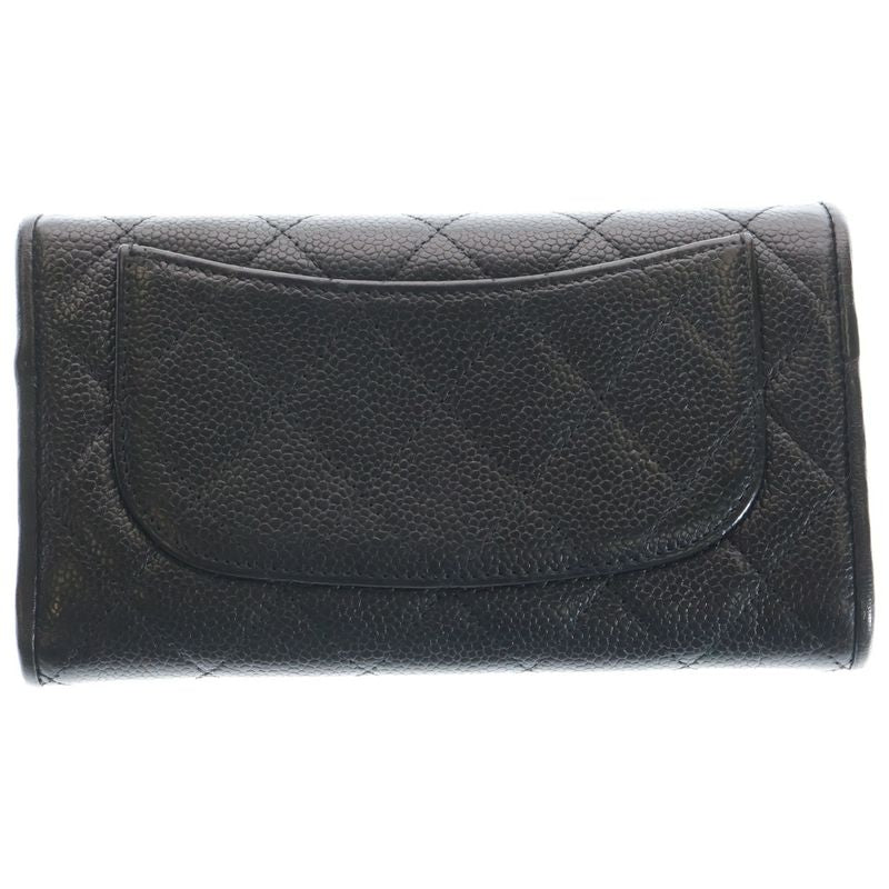 Chanel Quilted Trifold Wallet Long Wallet Caviar Leather Black Gold