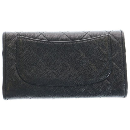 Chanel Quilted Trifold Wallet Long Wallet Caviar Leather Black Gold
