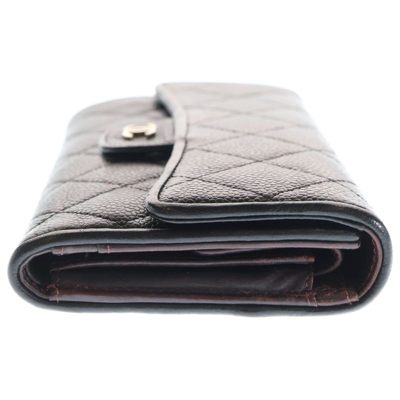 Chanel Quilted Trifold Wallet Long Wallet Caviar Leather Black Gold