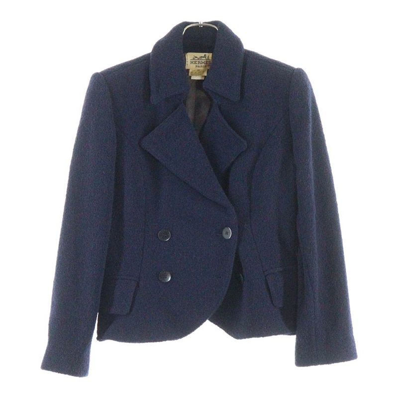 Hermes Carriage Tag Wool Double Breasted Suit Jacket Skirt Setup Navy