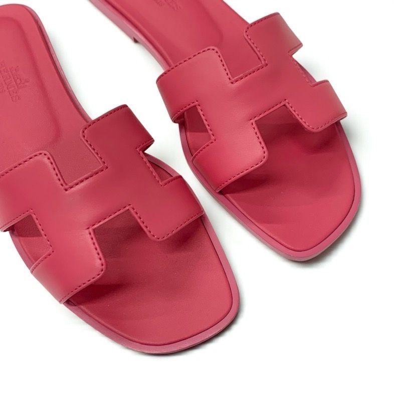 Hermes Oran Sandals Shoes Leather Pink Flat Mules