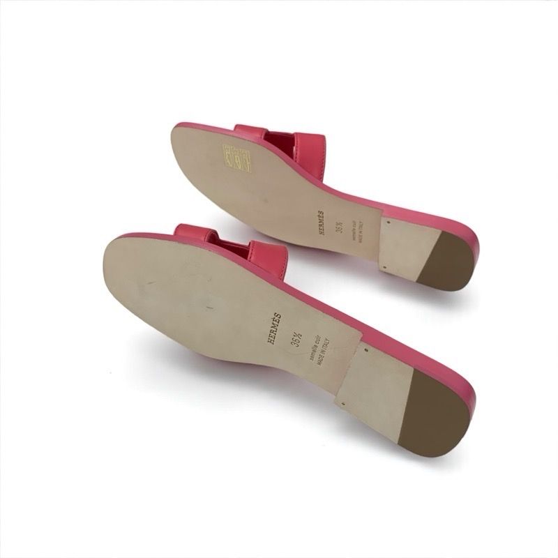 Hermes Oran Sandals Shoes Leather Pink Flat Mules