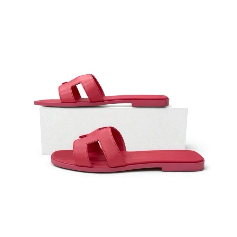 Hermes Oran Sandals Shoes Leather Pink Flat Mules