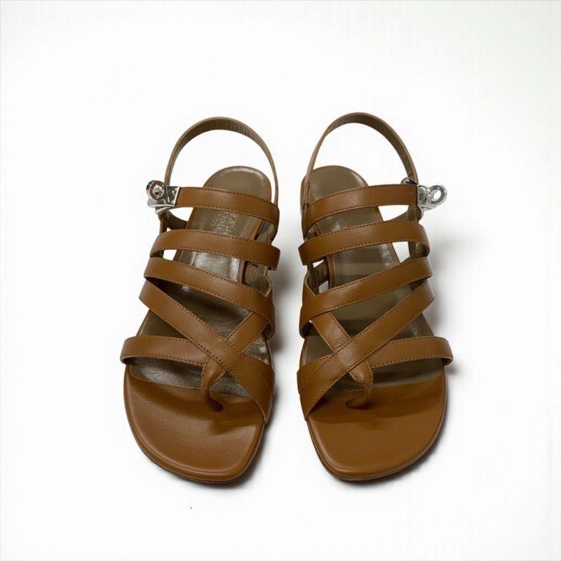Hermes Sandals Shoes Leather Brown Silver Kelly Strap Flat