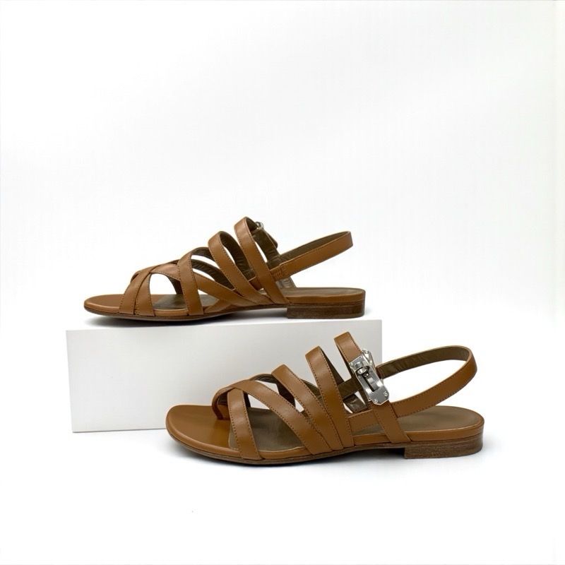 Hermes Sandals Shoes Leather Brown Silver Kelly Strap Flat