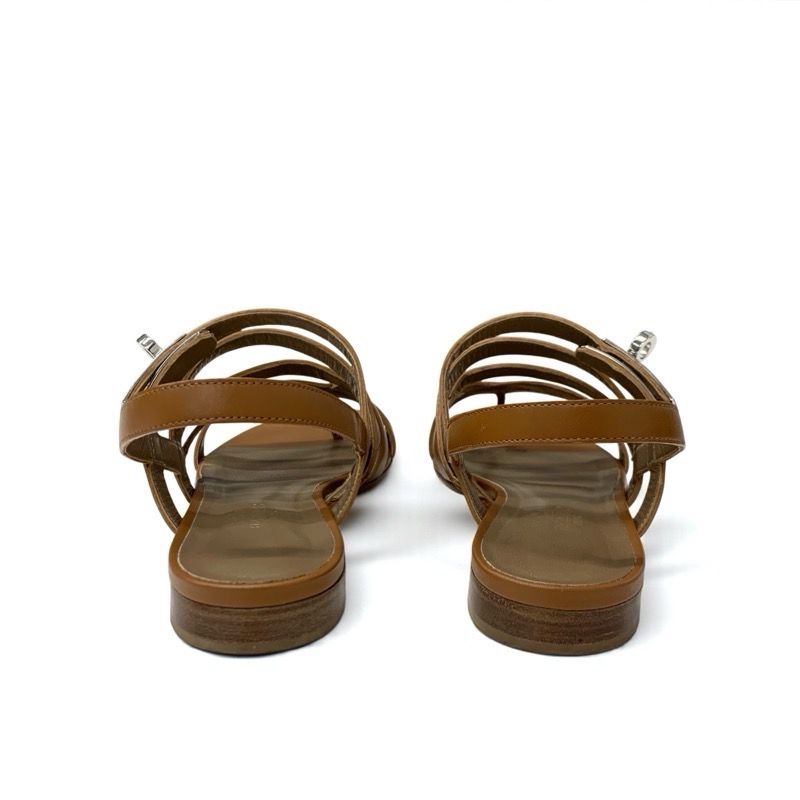 Hermes Sandals Shoes Leather Brown Silver Kelly Strap Flat
