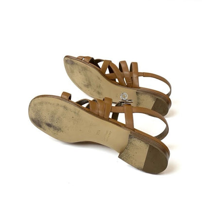 Hermes Sandals Shoes Leather Brown Silver Kelly Strap Flat