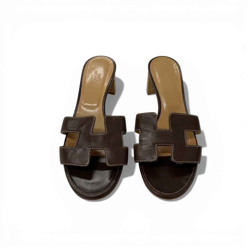 Hermes Oasis Sandals Shoes Leather Brown Mules
