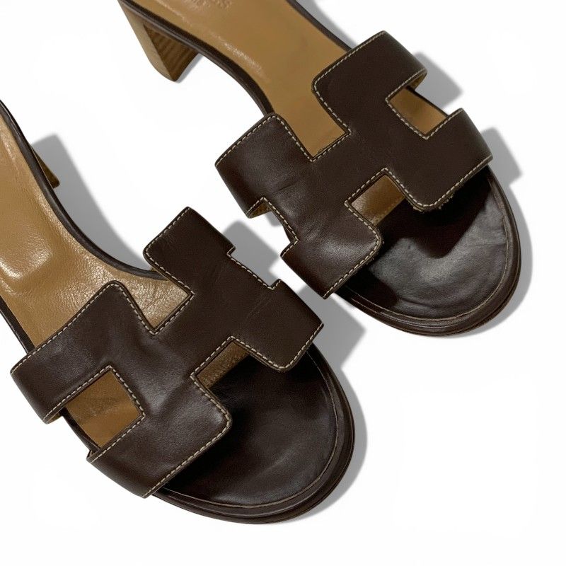 Hermes Oasis Sandals Shoes Leather Brown Mules
