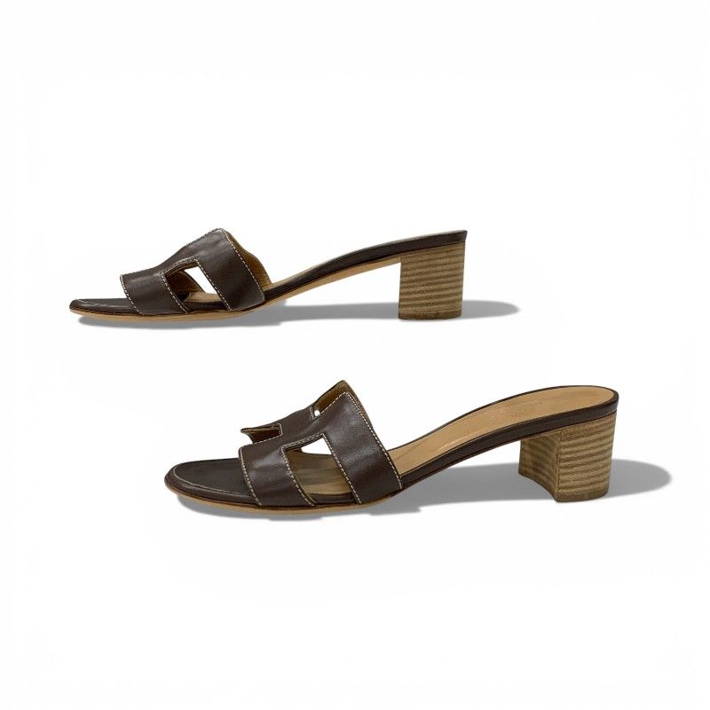 Hermes Oasis Sandals Shoes Leather Brown Mules