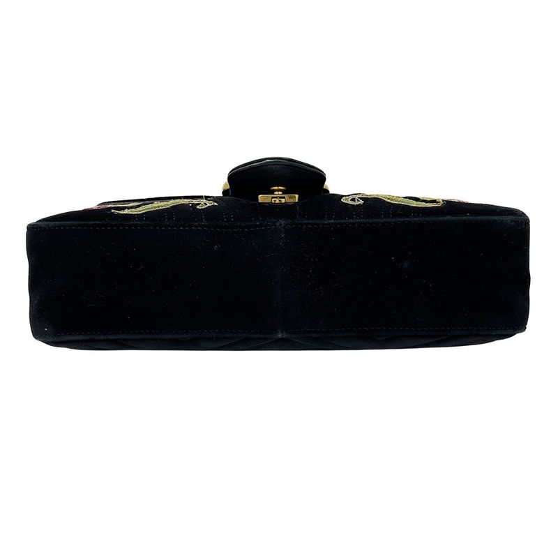 Gucci Shoulder Bag Leather Velour GG Marmont Black Chain