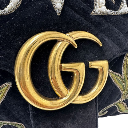 Gucci Shoulder Bag Leather Velour GG Marmont Black Chain