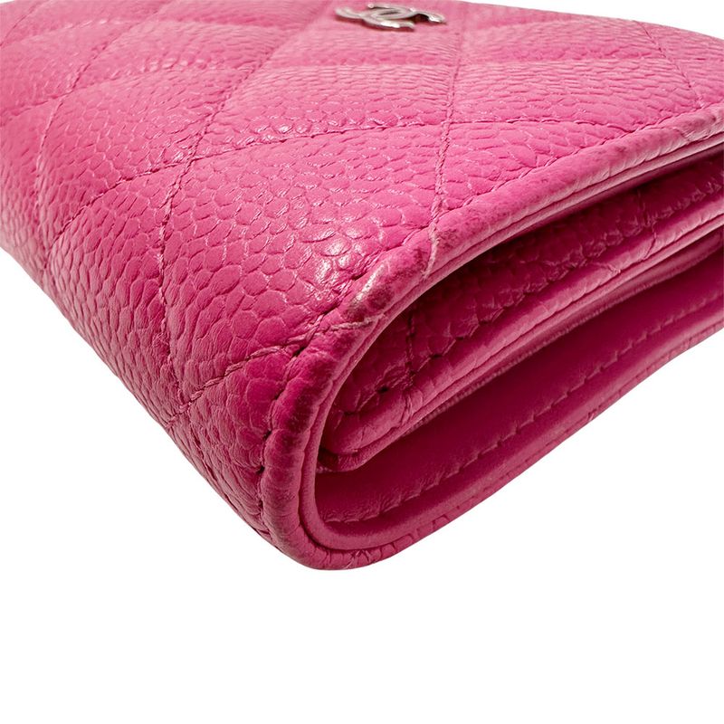 Chanel Wallet Trifold Wallet Quilted Caviar Leather Pink Silver Har