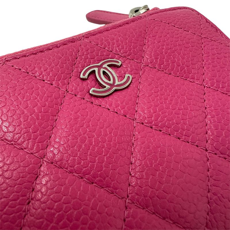 Chanel Wallet Trifold Wallet Quilted Caviar Leather Pink Silver Har