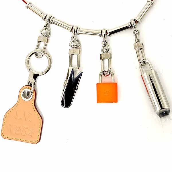 Louis Vuitton Collier Survival Necklace Charm Metal Leather Orange Silver Hardwa