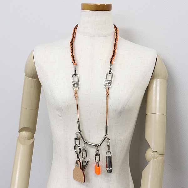 Louis Vuitton Collier Survival Necklace Charm Metal Leather Orange Silver Hardwa