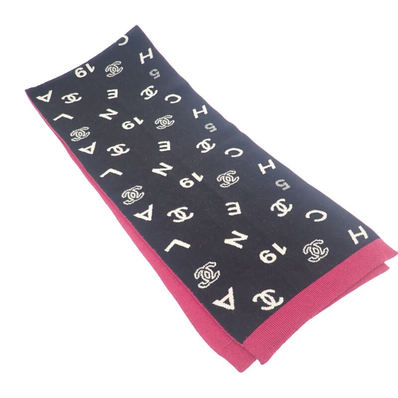 Chanel Logo Muffler Cashmere Black Pink CC Scarf