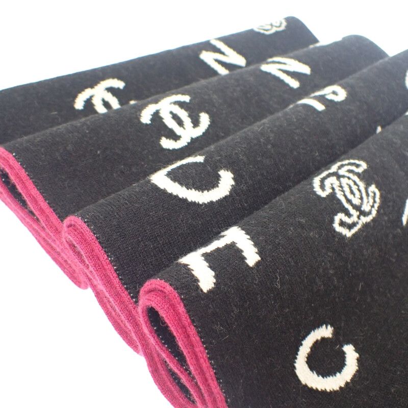 Chanel Logo Muffler Cashmere Black Pink CC Scarf