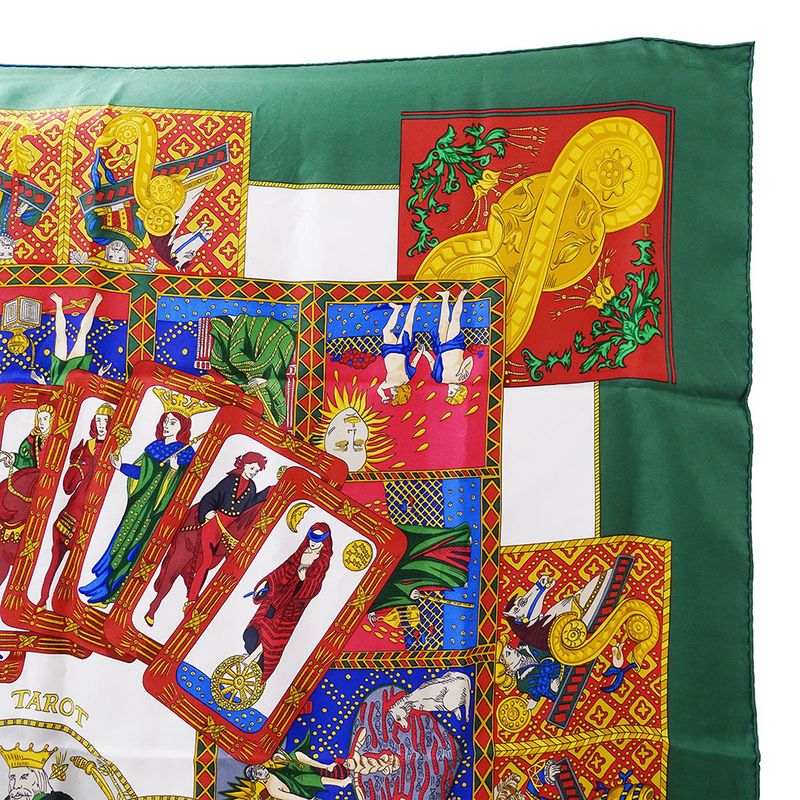 Hermes Scarf Carre 90 le Tarot Card Silk Green Multicolor Large