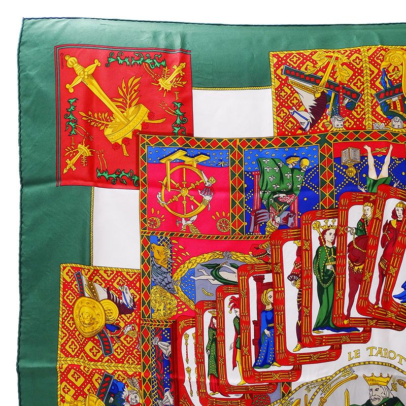 Hermes Scarf Carre 90 le Tarot Card Silk Green Multicolor Large