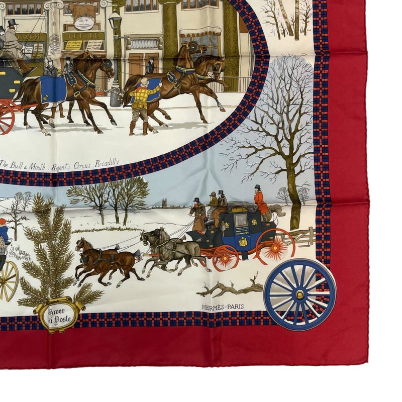 Hermes Scarf Carre 90 Lhiver en Poste Winter Mail Silk Red